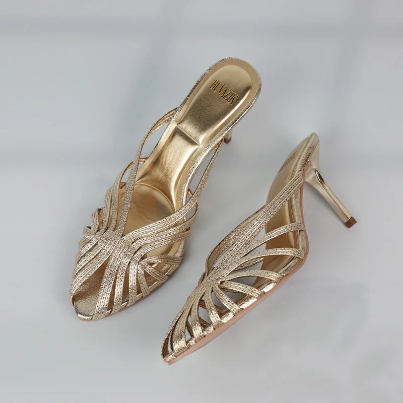 Gold Hollow Thin Strip Heels for Women Luxury Pointed Toe