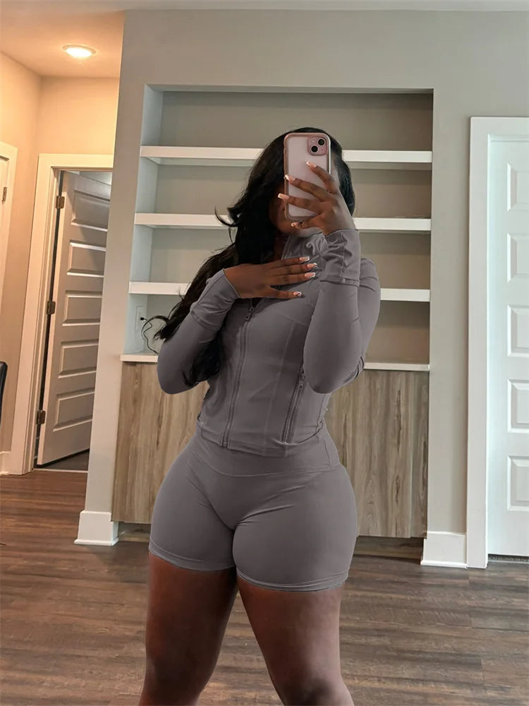 Bodycon Zipper Crop Top Women Tracksuits Sets+Trousers Women Black Gray 2 Two Pieces Matching Leggings Shorts Suits