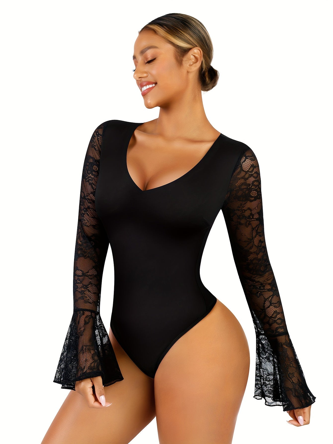 1pc Chic Women's Deep V Neck Bodysuit - Long Sleeve Tummy Control Shaper with Transparent Lace Thong Detail - Body Sculpting, Comfortable, and Versatile Bodysuits for Women - Lena & Miles Exquisite Boutique LLC.