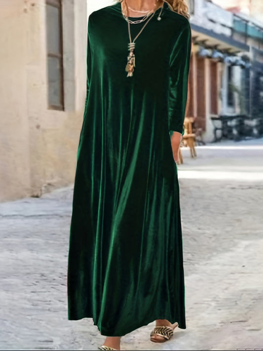 Plus Size Elegant Velvet Dress - Women's Long Sleeve Round Neck Loose Maxi Dresses for Special Occasions