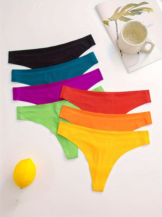 7 Pcs Women's Comfortable Thin Solid Thong Panties, Seamless Micro Elastic Panties, Women's Underwear & Lingerie