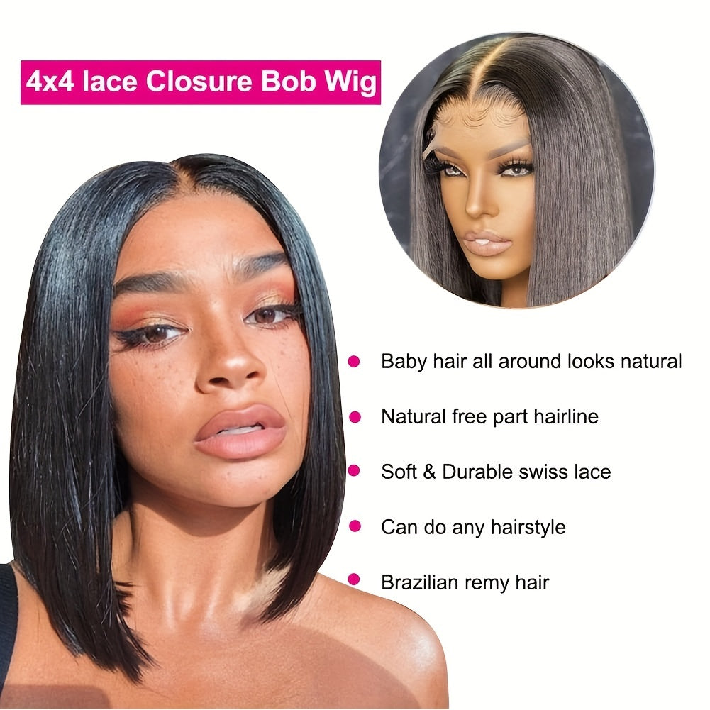 180% 4x4 Human Hair Wig Straight Bob Wig Human Hair Lace Front Wigs 180 Density 4x4 HD Transparent Lace Closure Bob Wig Brazilian Virgin Human Hair Pre Plucked Short Bob Wigs Straight Hair Natural Color - Lena & Miles Exquisite Boutique LLC.