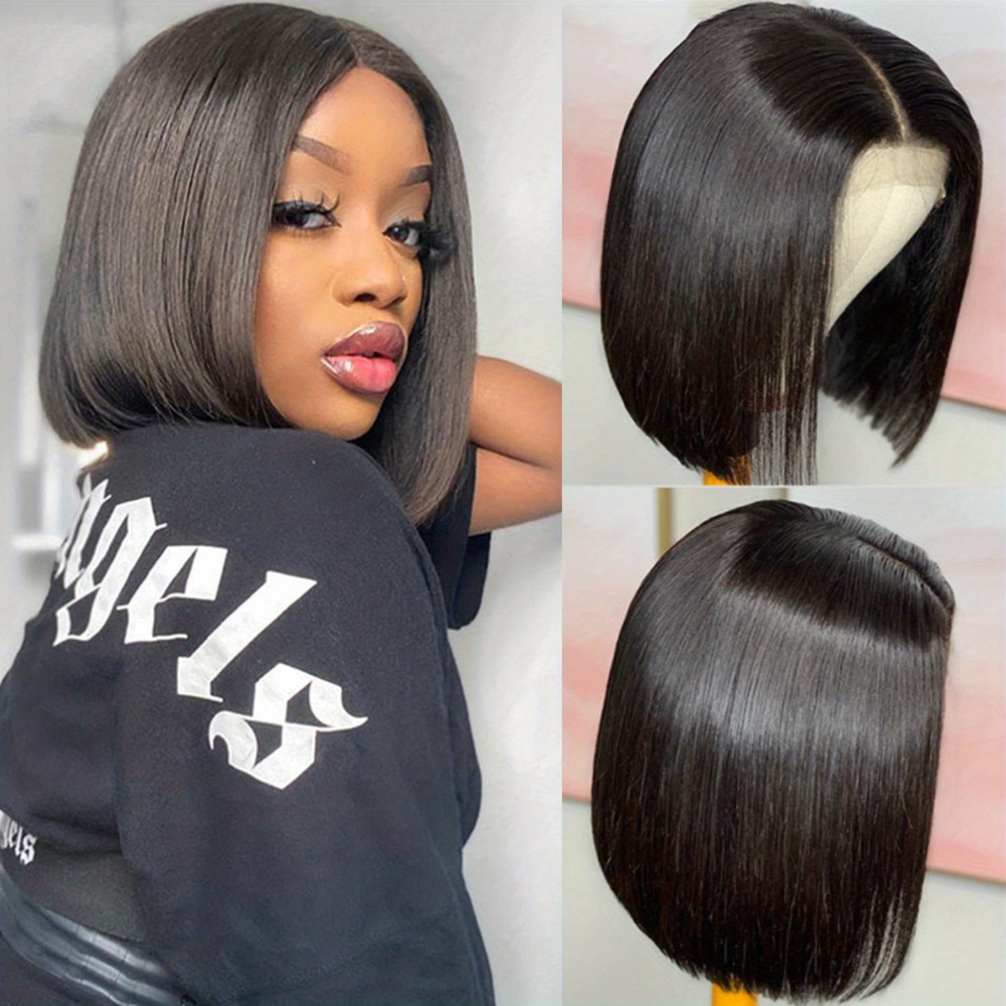 180% 4x4 Human Hair Wig Straight Bob Wig Human Hair Lace Front Wigs 180 Density 4x4 HD Transparent Lace Closure Bob Wig Brazilian Virgin Human Hair Pre Plucked Short Bob Wigs Straight Hair Natural Color - Lena & Miles Exquisite Boutique LLC.