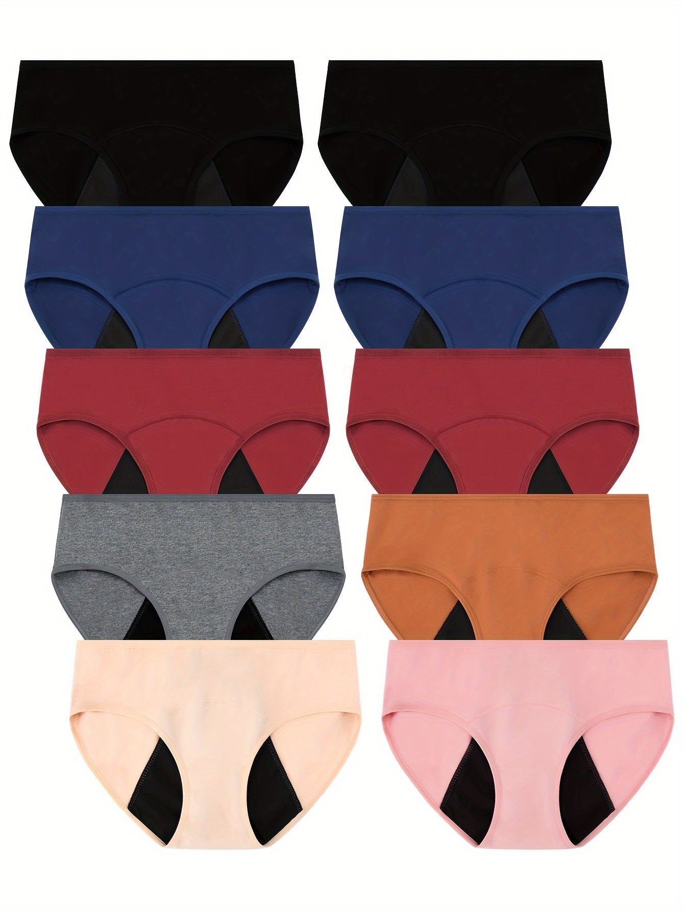 10 Pcs Comfy High Support Mid Rise Period Panties - Breathable Cotton Lingerie with Polyester Lining for Comfortable Wear - Full Coverage, Simple Solid Color Design, Anti-Leak Protection - Lena & Miles Exquisite Boutique LLC.