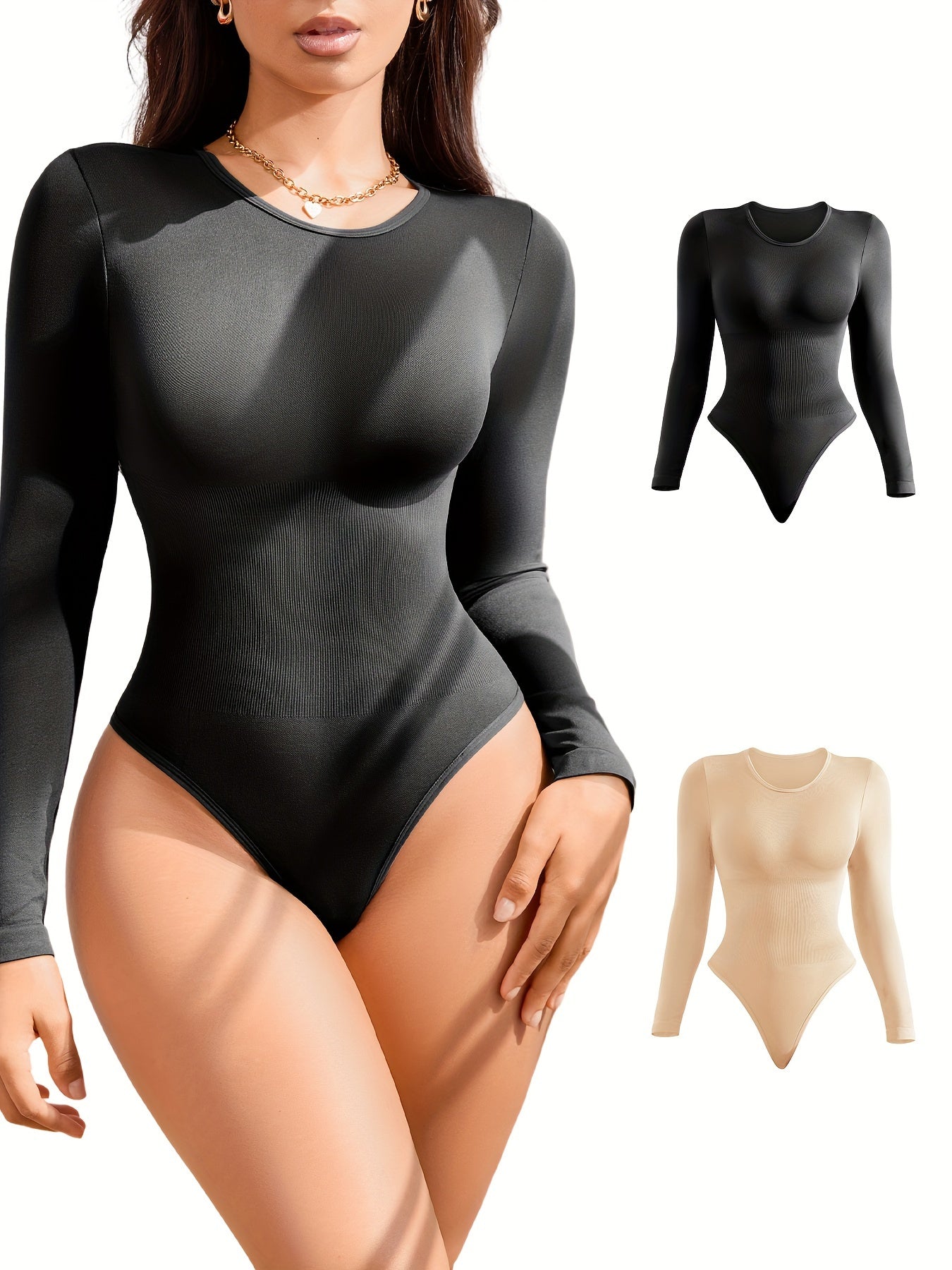 SHARICCA 2pcs Women Slimming Bodysuits Shapewear, Control Tummy Lift Butt Shaper, Seamless Long Sleeve Round Neck Body Suit Set For Women - Lena & Miles Exquisite Boutique LLC.