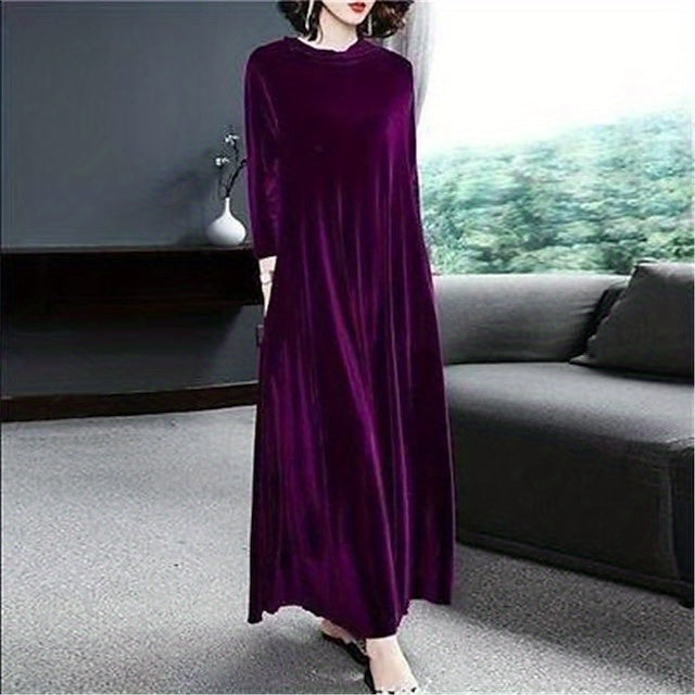 Plus Size Elegant Velvet Dress - Women's Long Sleeve Round Neck Loose Maxi Dresses for Special Occasions
