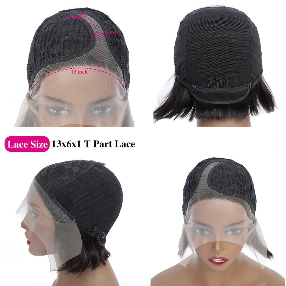 13x6x1 T Part Lace Frontal Wig Pixie Cut Wig Human Hair Wigs For Women 8 Inch 180% Density Glueless Bob Wigs Short Layered Pixie Cut Straight Human Hair Wigs Natural Black Color Short Pixie Wigs With Bangs Side Part Pixie Wig - Lena & Miles Exquisite Boutique LLC.