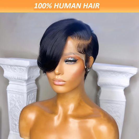 13x6x1 T Part Lace Frontal Wig Pixie Cut Wig Human Hair Wigs For Women 8 Inch 180% Density Glueless Bob Wigs Short Layered Pixie Cut Straight Human Hair Wigs Natural Black Color Short Pixie Wigs With Bangs Side Part Pixie Wig - Lena & Miles Exquisite Boutique LLC.