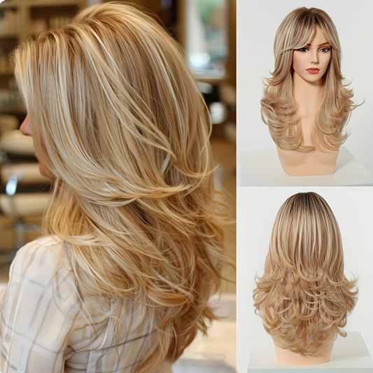 Women'S Long Golden Blonde Body Wave Synthetic Wig with Dark Roots - Heat-Resistant up to 356°F, Natural Looking Gradient Blonde Hairpiece with Bangs, Adjustable Cap Net for Secure Fit - Perfect for Everyday, Parties, Cospla