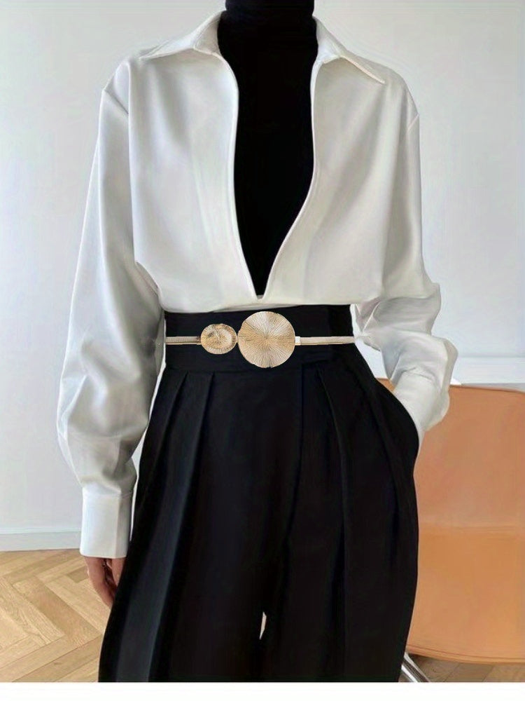 Elegant Golden Double Circle Elastic Belt for Dresses and Coats - Trendy and Stylish Waistband