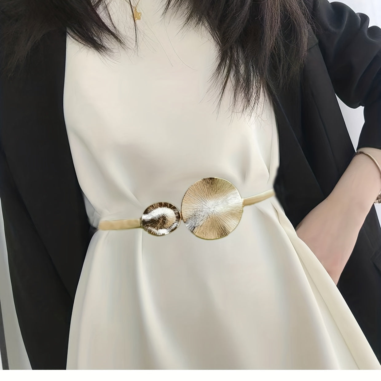 Elegant Golden Double Circle Elastic Belt for Dresses and Coats - Trendy and Stylish Waistband
