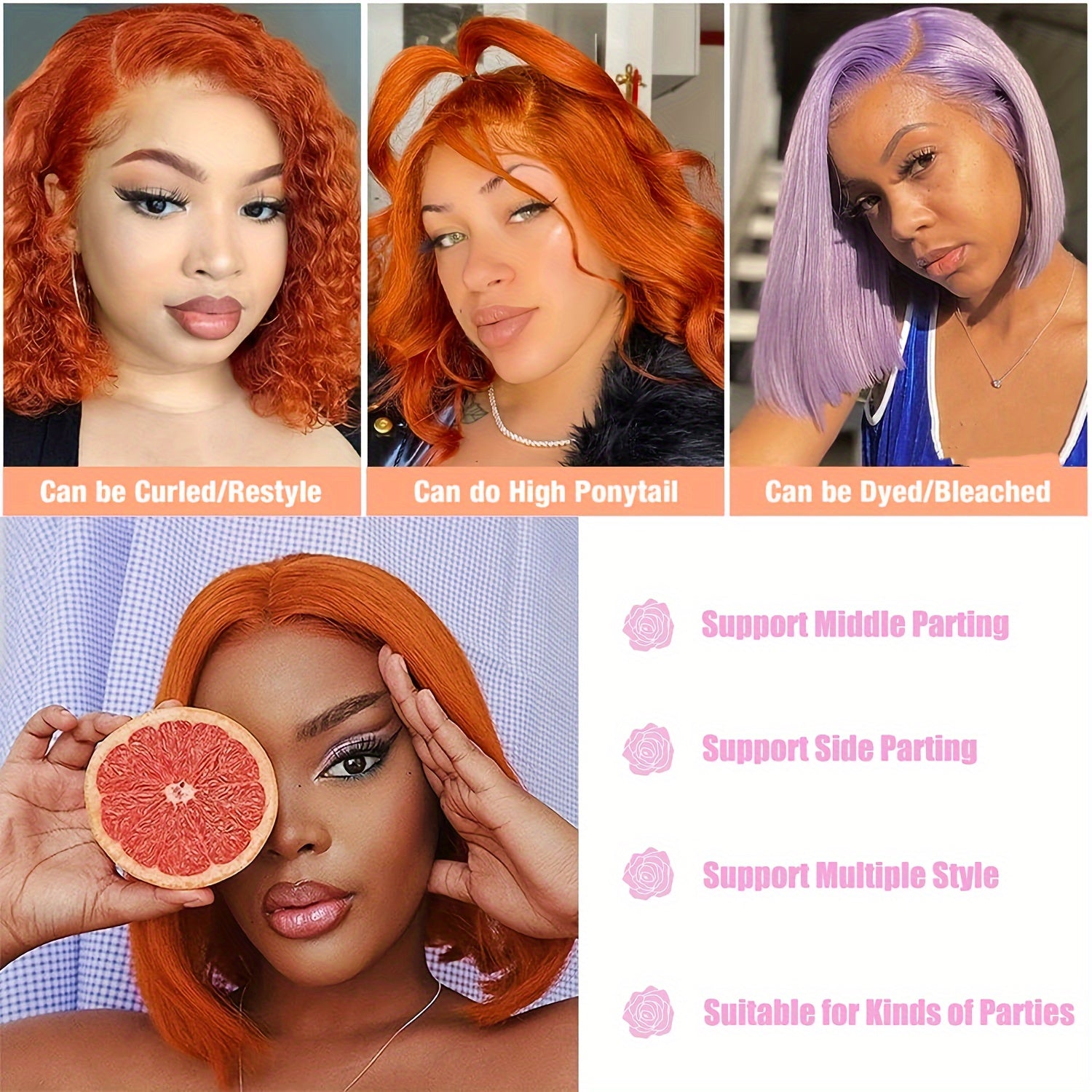 180% 13x4 Human Hair Wig Orange Bob Wig Human Hair 13x4 HD Lace Front Wigs Short Bob Lace Frontal Wigs Pre Plucked With Baby Hair Glueless For Women - Lena & Miles Exquisite Boutique LLC.