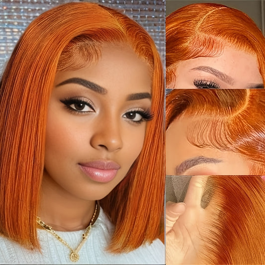 180% 13x4 Human Hair Wig Orange Bob Wig Human Hair 13x4 HD Lace Front Wigs Short Bob Lace Frontal Wigs Pre Plucked With Baby Hair Glueless For Women - Lena & Miles Exquisite Boutique LLC.