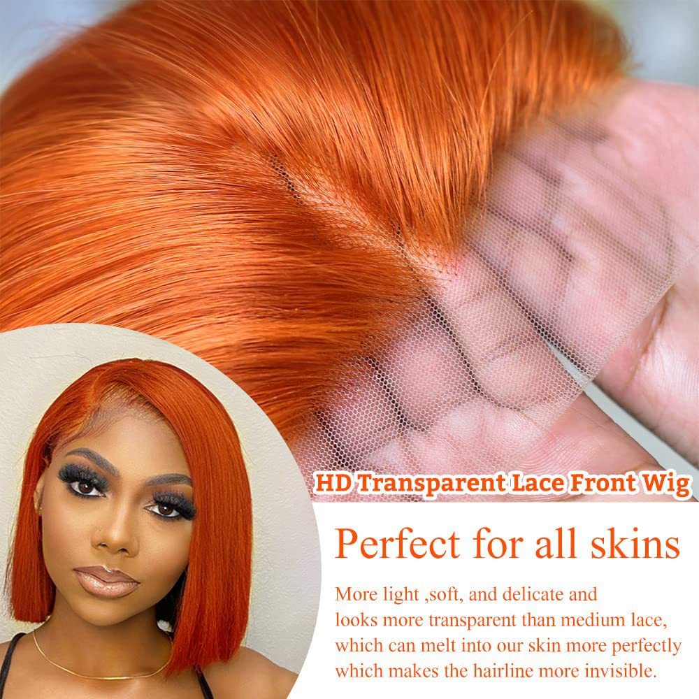 180% 13x4 Human Hair Wig Orange Bob Wig Human Hair 13x4 HD Lace Front Wigs Short Bob Lace Frontal Wigs Pre Plucked With Baby Hair Glueless For Women - Lena & Miles Exquisite Boutique LLC.