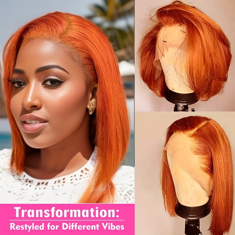 180% 13x4 Human Hair Wig Orange Bob Wig Human Hair 13x4 HD Lace Front Wigs Short Bob Lace Frontal Wigs Pre Plucked With Baby Hair Glueless For Women - Lena & Miles Exquisite Boutique LLC.