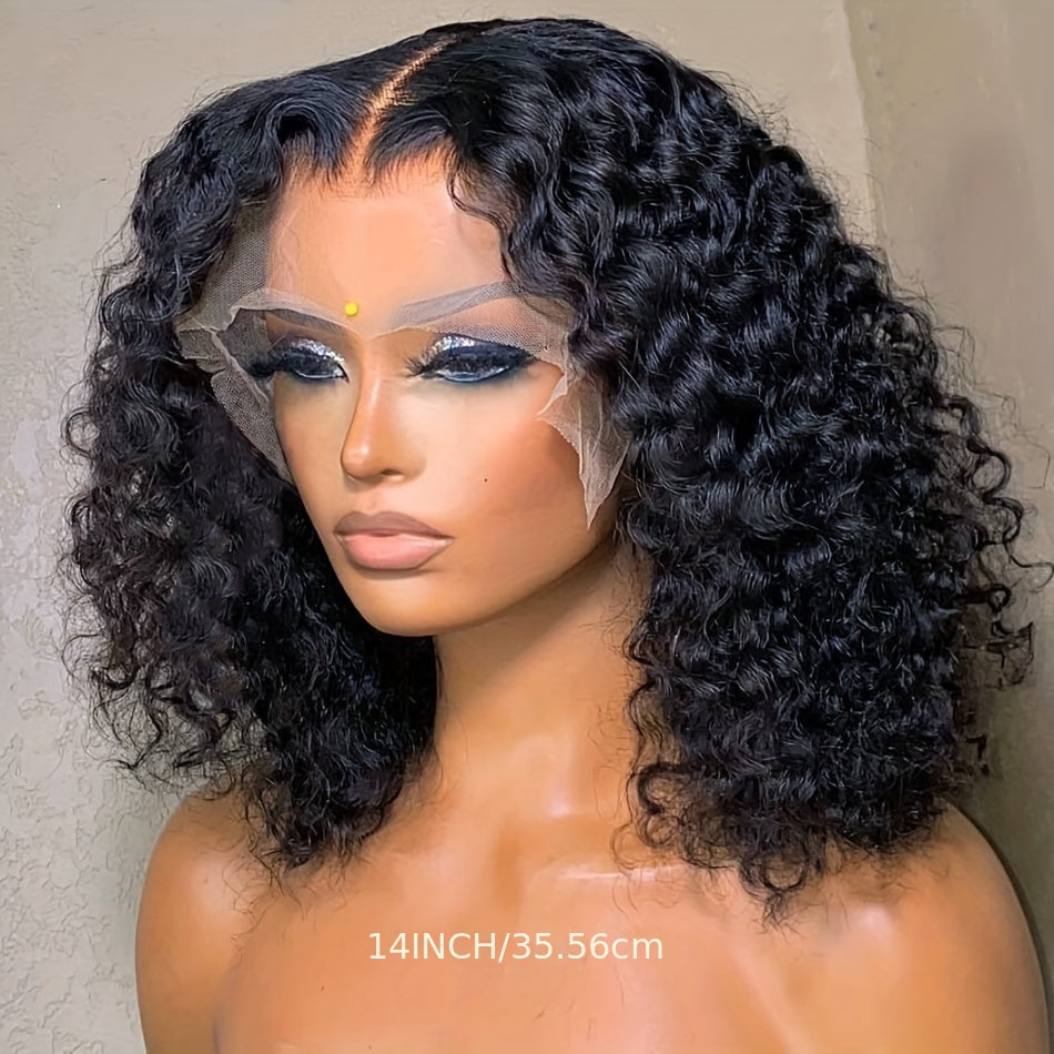 180% Density Water Wave Lace Frontal Short Bob Wig - Lace Wigs for Women with 13x4x1 T Part HD Transparent Lace, Pre Plucked, Natural Color, Middle Part, Water Curly Lace Part - Lena & Miles Exquisite Boutique LLC.