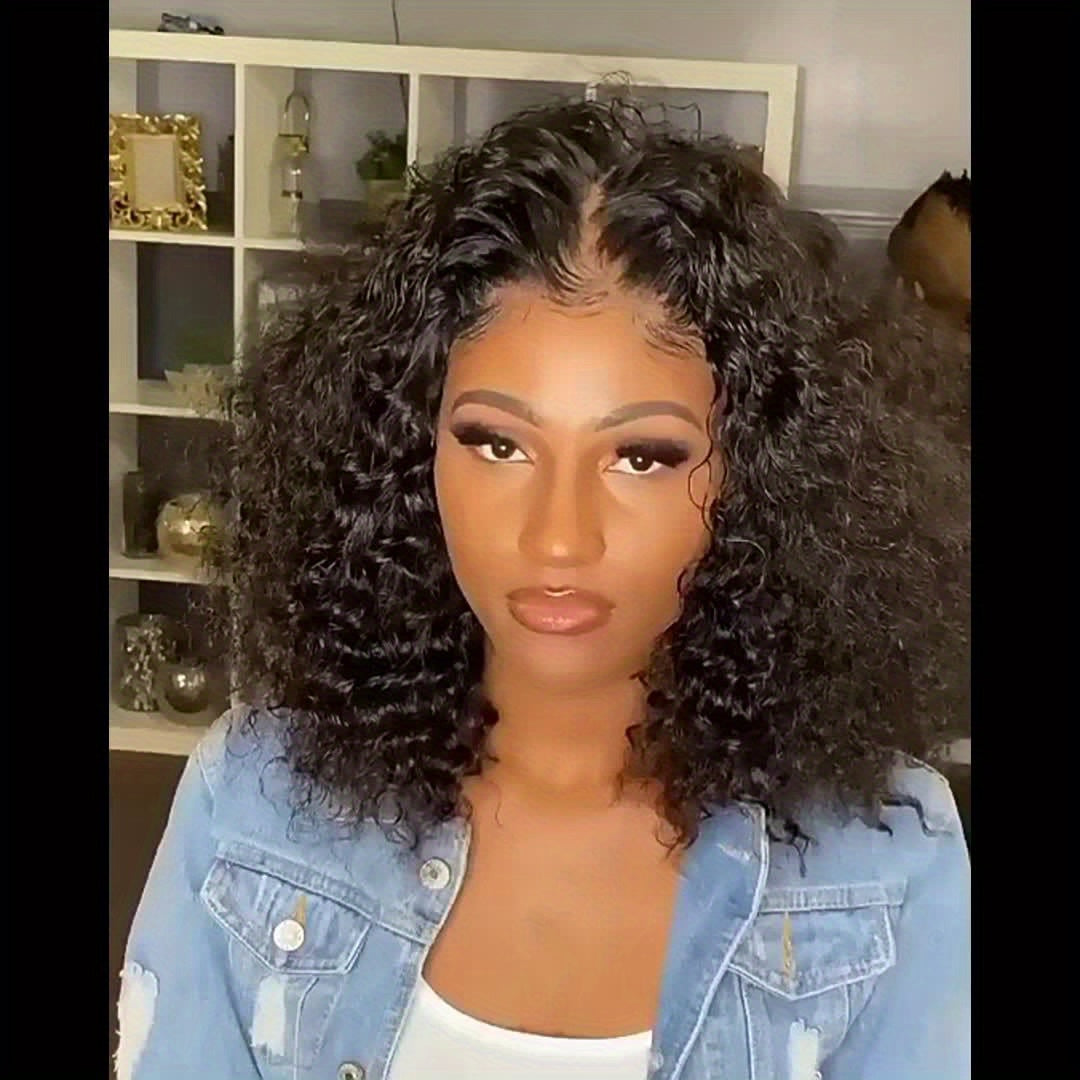 180% Density Water Wave Lace Frontal Short Bob Wig - Lace Wigs for Women with 13x4x1 T Part HD Transparent Lace, Pre Plucked, Natural Color, Middle Part, Water Curly Lace Part - Lena & Miles Exquisite Boutique LLC.