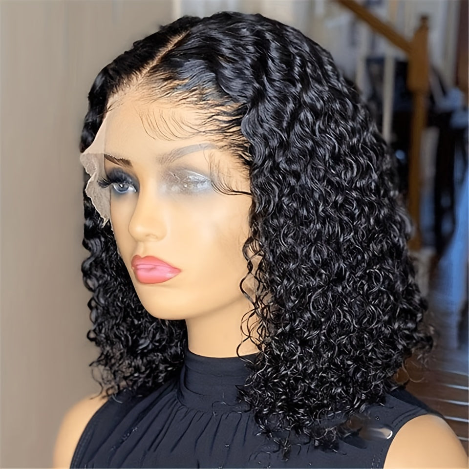 180% Density Water Wave Lace Frontal Short Bob Wig - Lace Wigs for Women with 13x4x1 T Part HD Transparent Lace, Pre Plucked, Natural Color, Middle Part, Water Curly Lace Part - Lena & Miles Exquisite Boutique LLC.