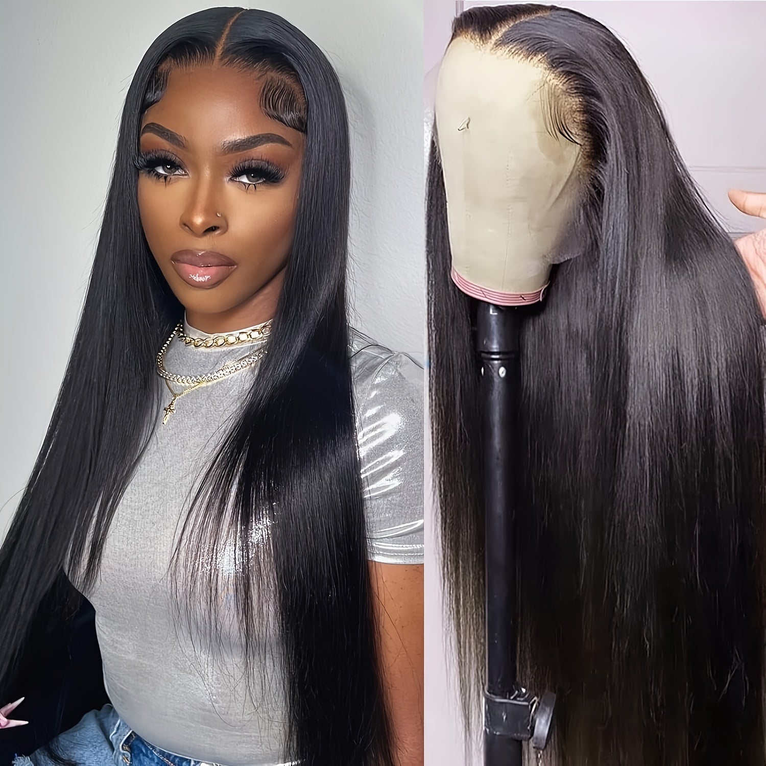 180% Density Virgin Human Hair Wigs - 13x4 Straight HD Lace Front, Pre-Plucked, Transparent Lace, Natural Black, For Women, Baby Hair Included - Effortless Glamour - Lena & Miles Exquisite Boutique LLC.