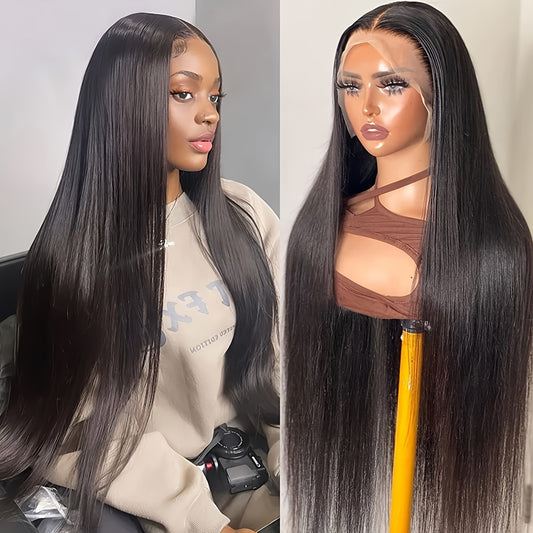 180% Density Virgin Human Hair Wigs - 13x4 Straight HD Lace Front, Pre-Plucked, Transparent Lace, Natural Black, For Women, Baby Hair Included - Effortless Glamour - Lena & Miles Exquisite Boutique LLC.