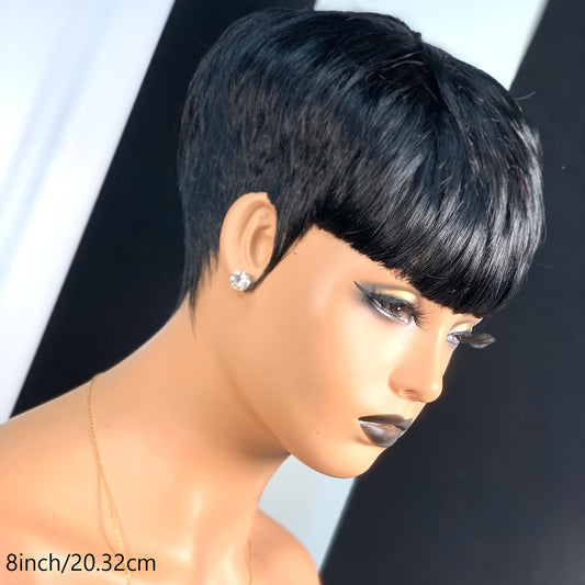 1B Brazilian Remy Human Hair Pixie Cut Wigs for Women with Bangs, Short, Layered, 9A, Full Machine Made, Natural Black Color, Glueless - Lena & Miles Exquisite Boutique LLC.