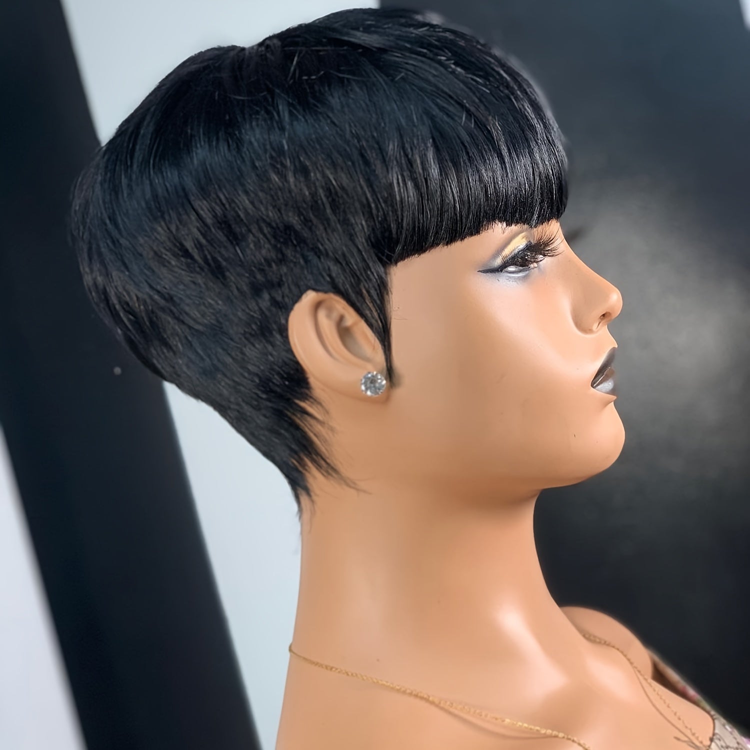 1B Brazilian Remy Human Hair Pixie Cut Wigs for Women with Bangs, Short, Layered, 9A, Full Machine Made, Natural Black Color, Glueless - Lena & Miles Exquisite Boutique LLC.