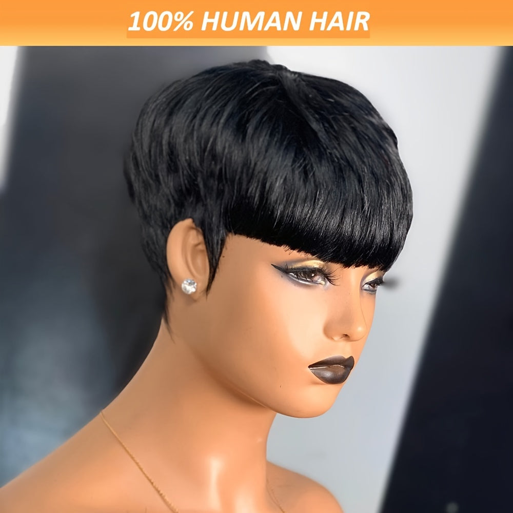 1B Brazilian Remy Human Hair Pixie Cut Wigs for Women with Bangs, Short, Layered, 9A, Full Machine Made, Natural Black Color, Glueless - Lena & Miles Exquisite Boutique LLC.