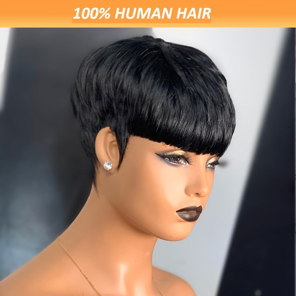 1B Brazilian Remy Human Hair Pixie Cut Wigs for Women with Bangs, Short, Layered, 9A, Full Machine Made, Natural Black Color, Glueless - Lena & Miles Exquisite Boutique LLC.