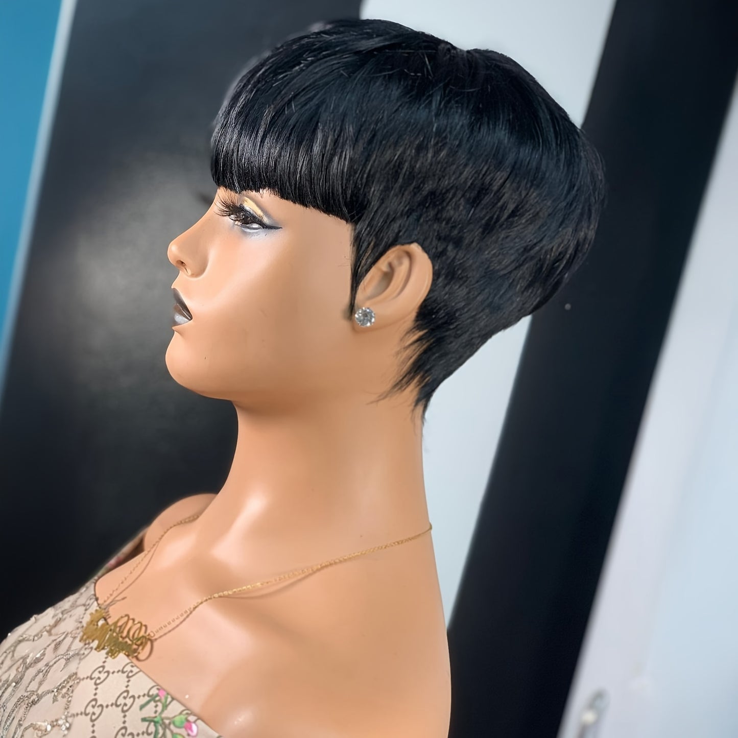 1B Brazilian Remy Human Hair Pixie Cut Wigs for Women with Bangs, Short, Layered, 9A, Full Machine Made, Natural Black Color, Glueless - Lena & Miles Exquisite Boutique LLC.