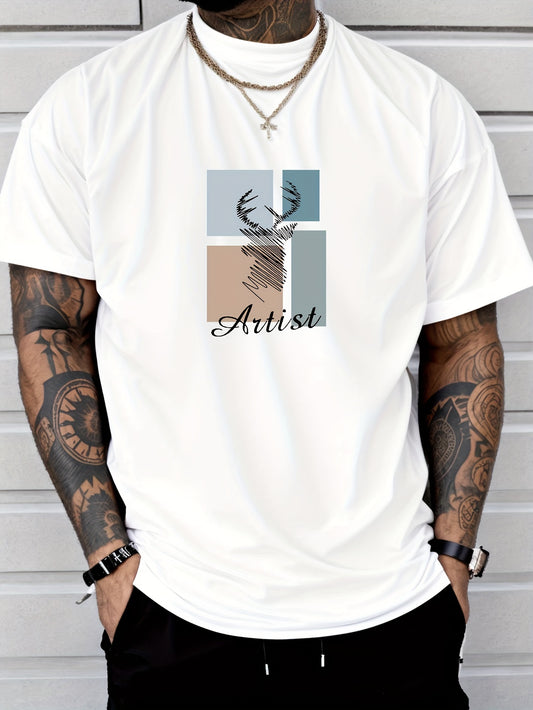 BUCK Print, Men's Round Crew Neck Short Sleeve, Simple Style Tee Fashion Regular Fit T-Shirt, Casual Comfy Breathable Top For Spring Summer Holiday Leisure Vacation Men's Clothing As Gift - Lena & Miles Exquisite Boutique LLC.