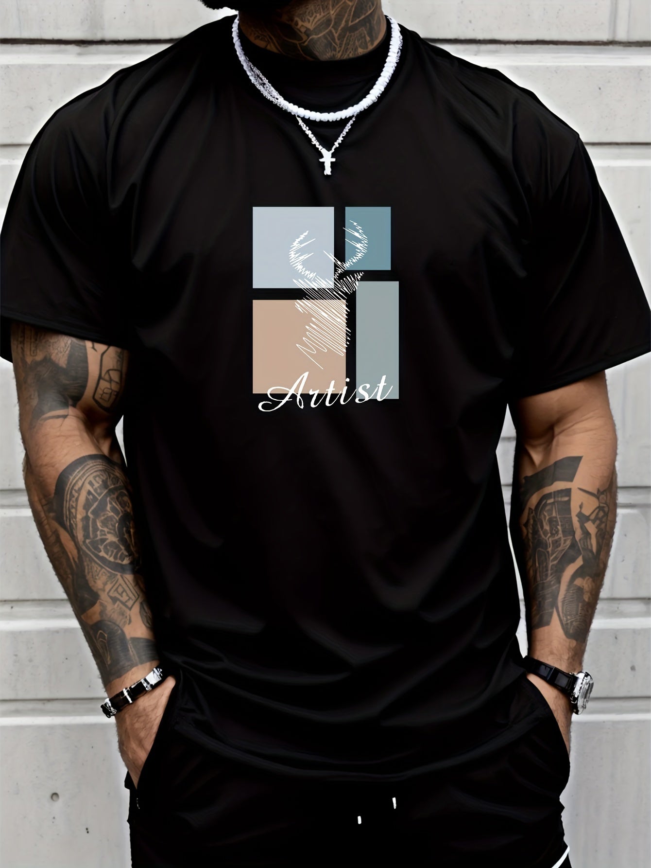 BUCK Print, Men's Round Crew Neck Short Sleeve, Simple Style Tee Fashion Regular Fit T-Shirt, Casual Comfy Breathable Top For Spring Summer Holiday Leisure Vacation Men's Clothing As Gift - Lena & Miles Exquisite Boutique LLC.