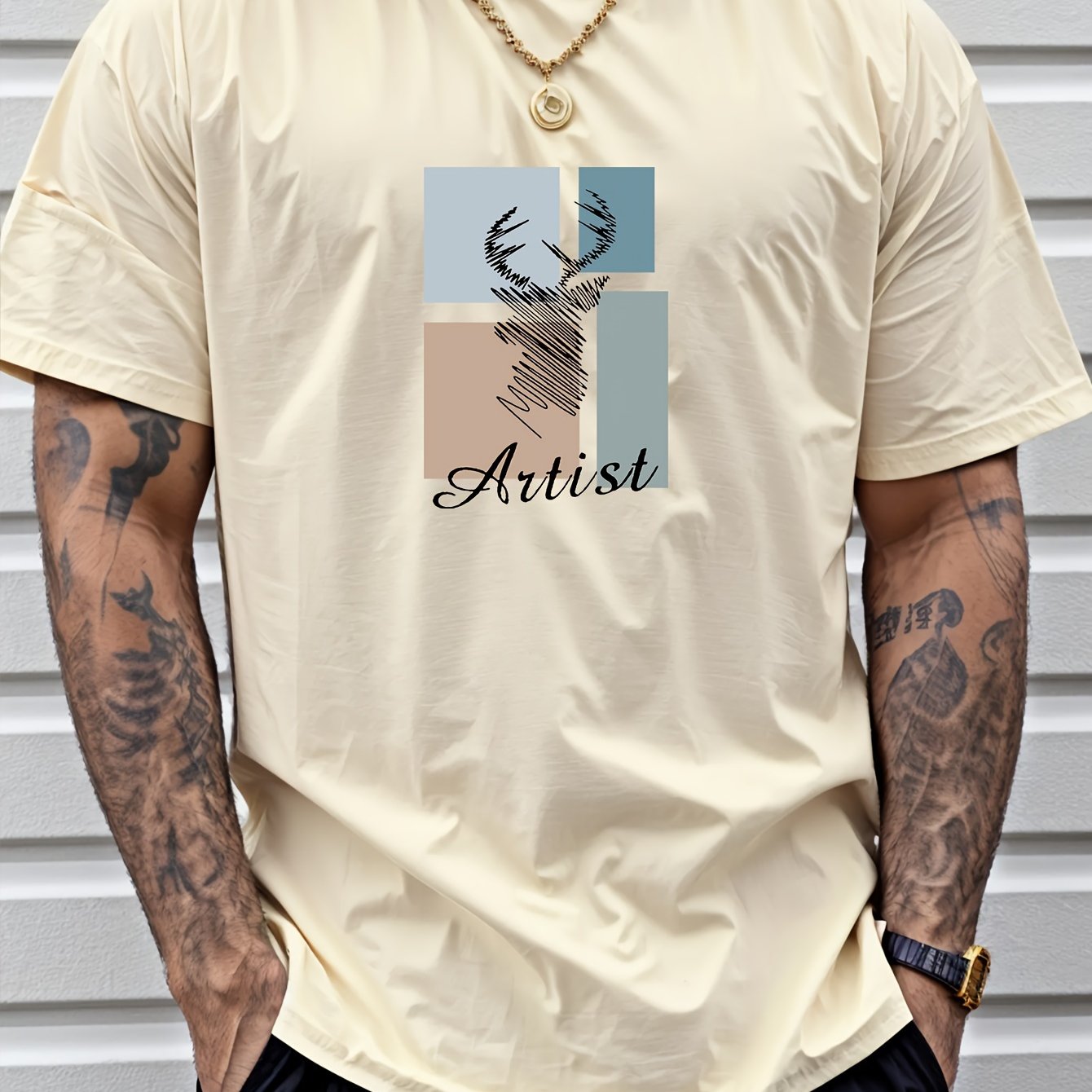 BUCK Print, Men's Round Crew Neck Short Sleeve, Simple Style Tee Fashion Regular Fit T-Shirt, Casual Comfy Breathable Top For Spring Summer Holiday Leisure Vacation Men's Clothing As Gift - Lena & Miles Exquisite Boutique LLC.
