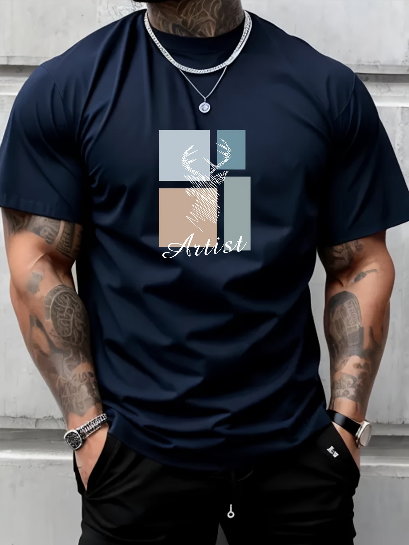BUCK Print, Men's Round Crew Neck Short Sleeve, Simple Style Tee Fashion Regular Fit T-Shirt, Casual Comfy Breathable Top For Spring Summer Holiday Leisure Vacation Men's Clothing As Gift - Lena & Miles Exquisite Boutique LLC.