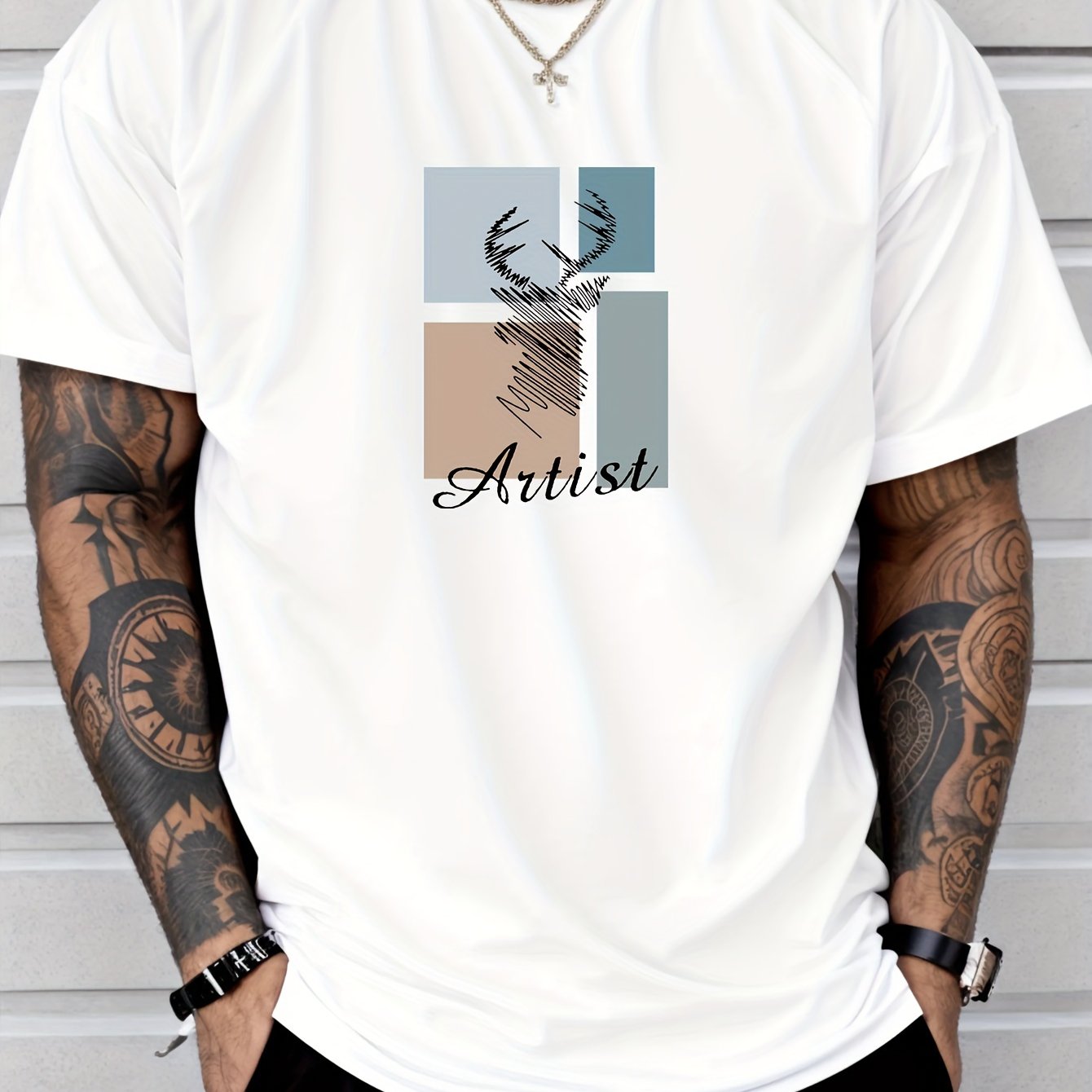 BUCK Print, Men's Round Crew Neck Short Sleeve, Simple Style Tee Fashion Regular Fit T-Shirt, Casual Comfy Breathable Top For Spring Summer Holiday Leisure Vacation Men's Clothing As Gift - Lena & Miles Exquisite Boutique LLC.