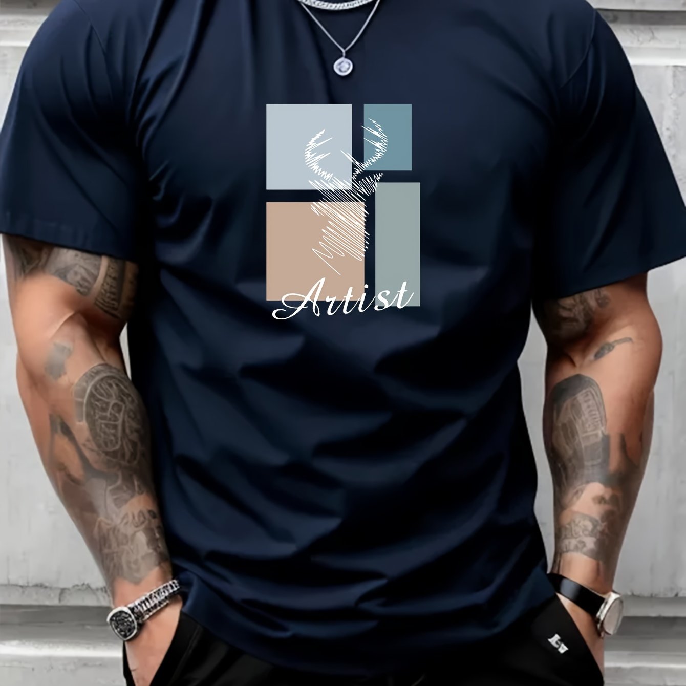BUCK Print, Men's Round Crew Neck Short Sleeve, Simple Style Tee Fashion Regular Fit T-Shirt, Casual Comfy Breathable Top For Spring Summer Holiday Leisure Vacation Men's Clothing As Gift - Lena & Miles Exquisite Boutique LLC.