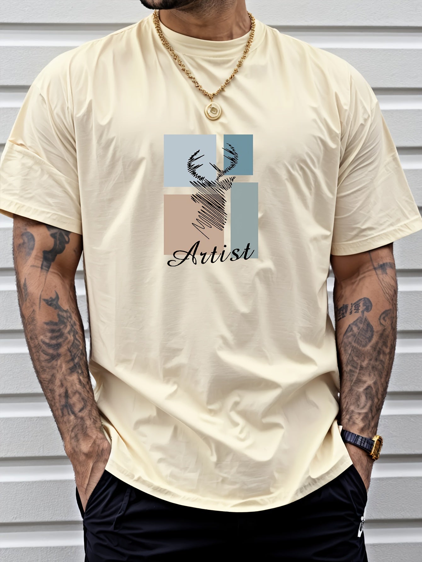 BUCK Print, Men's Round Crew Neck Short Sleeve, Simple Style Tee Fashion Regular Fit T-Shirt, Casual Comfy Breathable Top For Spring Summer Holiday Leisure Vacation Men's Clothing As Gift - Lena & Miles Exquisite Boutique LLC.