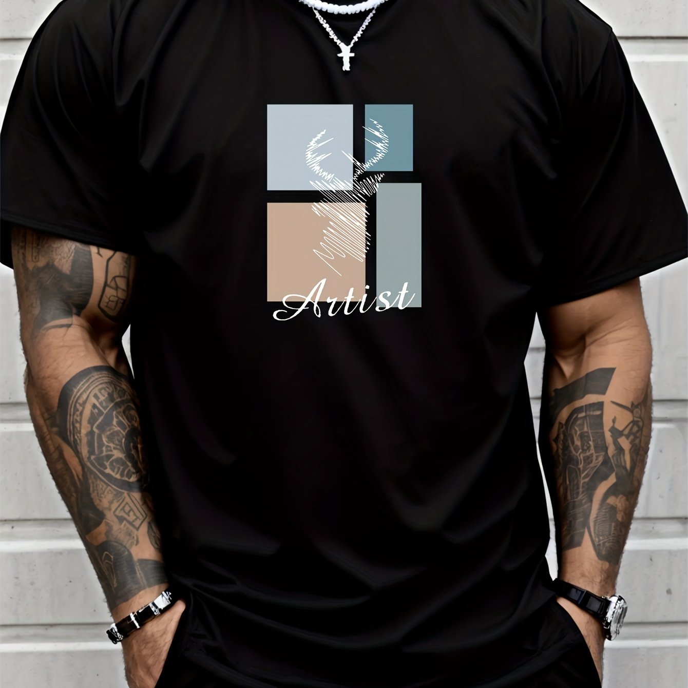 BUCK Print, Men's Round Crew Neck Short Sleeve, Simple Style Tee Fashion Regular Fit T-Shirt, Casual Comfy Breathable Top For Spring Summer Holiday Leisure Vacation Men's Clothing As Gift - Lena & Miles Exquisite Boutique LLC.