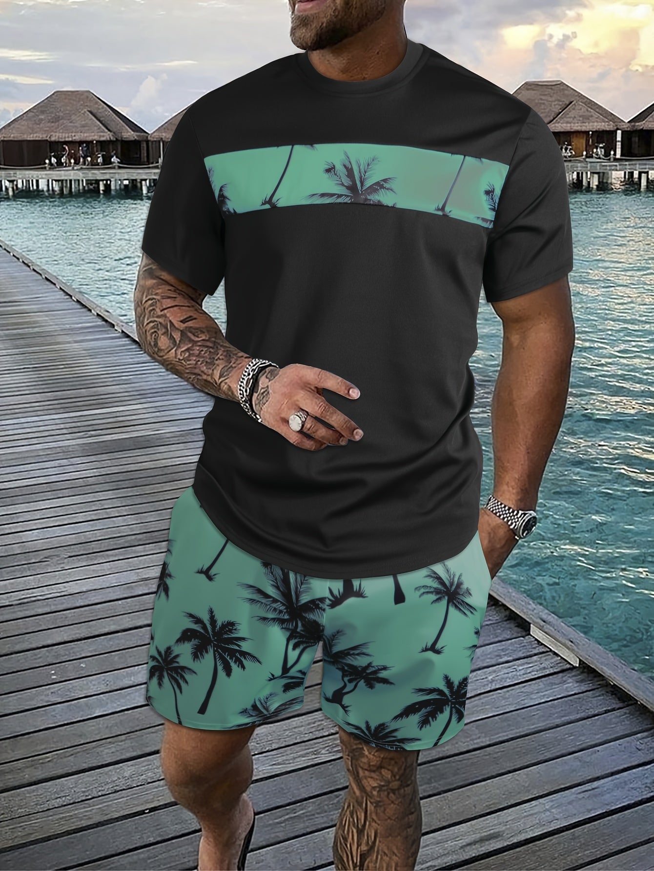 2Pcs Men's Tropical Coconut Tree Print Casual Outfits - Crew Neck Short Sleeve T-shirt & Drawstring Shorts Set - For Summer Vacation & Resorts - Men's Clothing - Lena & Miles Exquisite Boutique LLC.
