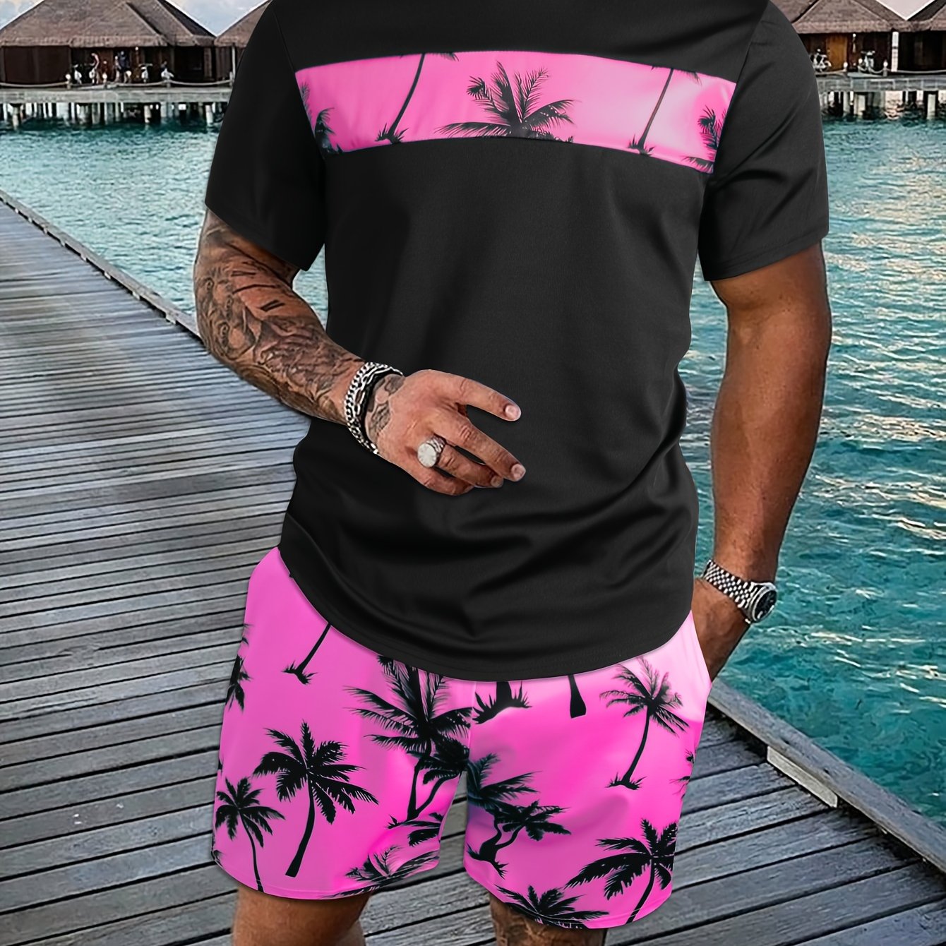 2Pcs Men's Tropical Coconut Tree Print Casual Outfits - Crew Neck Short Sleeve T-shirt & Drawstring Shorts Set - For Summer Vacation & Resorts - Men's Clothing - Lena & Miles Exquisite Boutique LLC.