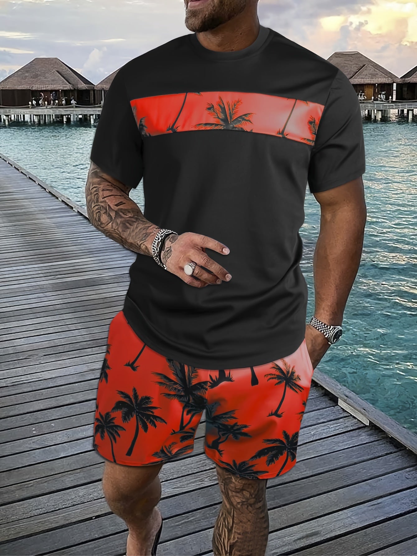 2Pcs Men's Tropical Coconut Tree Print Casual Outfits - Crew Neck Short Sleeve T-shirt & Drawstring Shorts Set - For Summer Vacation & Resorts - Men's Clothing - Lena & Miles Exquisite Boutique LLC.