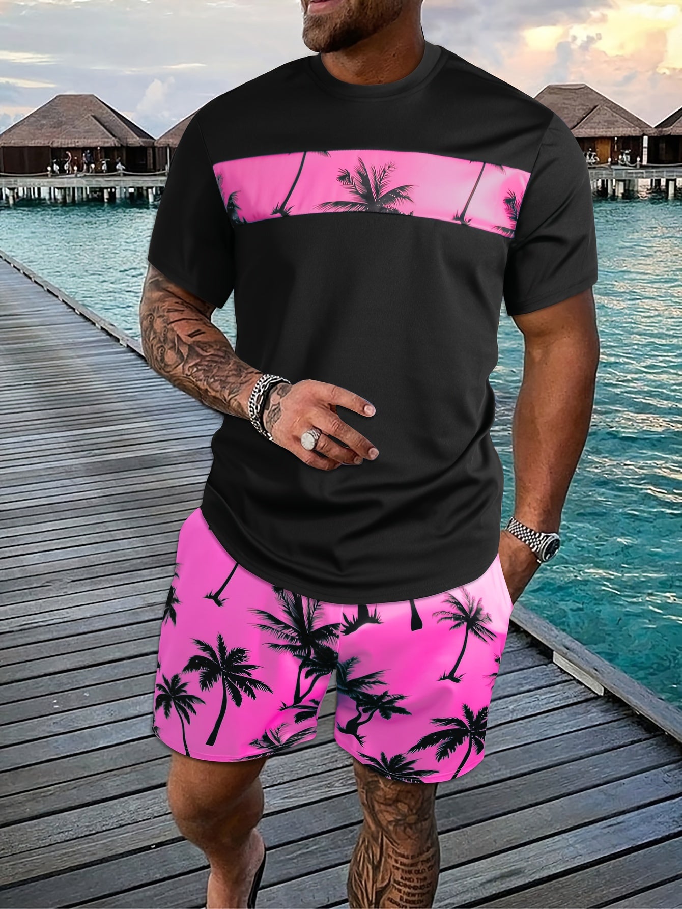 2Pcs Men's Tropical Coconut Tree Print Casual Outfits - Crew Neck Short Sleeve T-shirt & Drawstring Shorts Set - For Summer Vacation & Resorts - Men's Clothing - Lena & Miles Exquisite Boutique LLC.