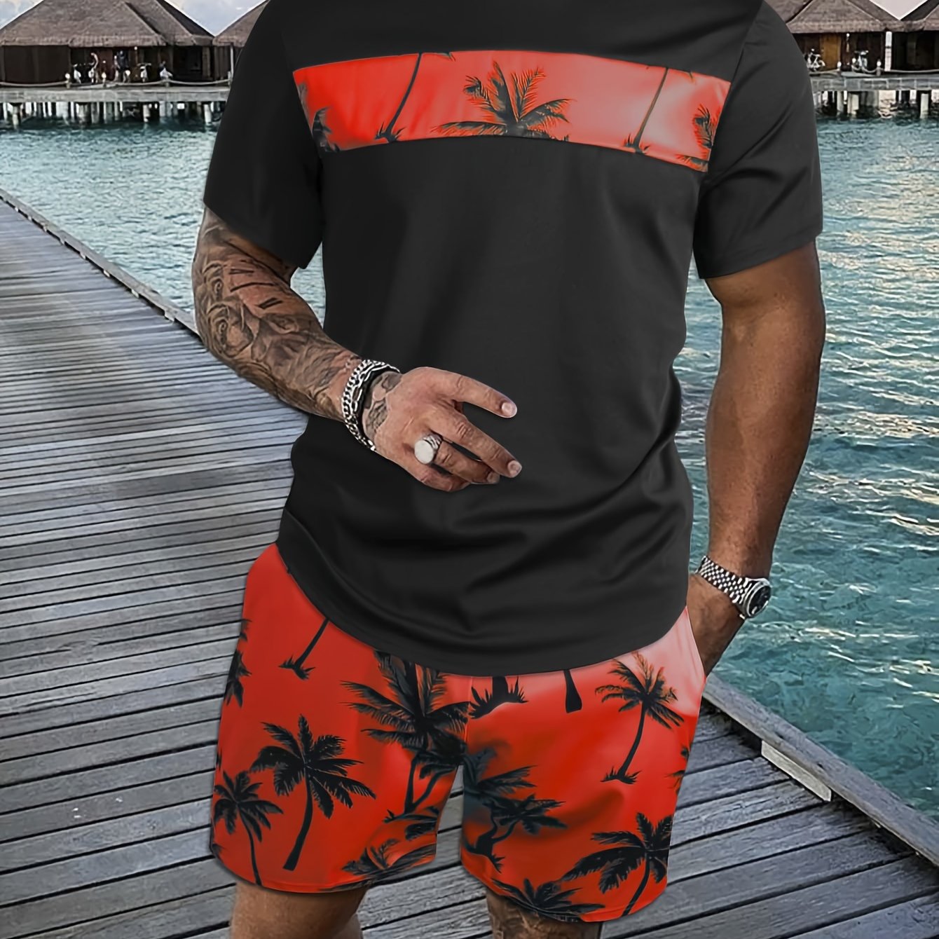 2Pcs Men's Tropical Coconut Tree Print Casual Outfits - Crew Neck Short Sleeve T-shirt & Drawstring Shorts Set - For Summer Vacation & Resorts - Men's Clothing - Lena & Miles Exquisite Boutique LLC.