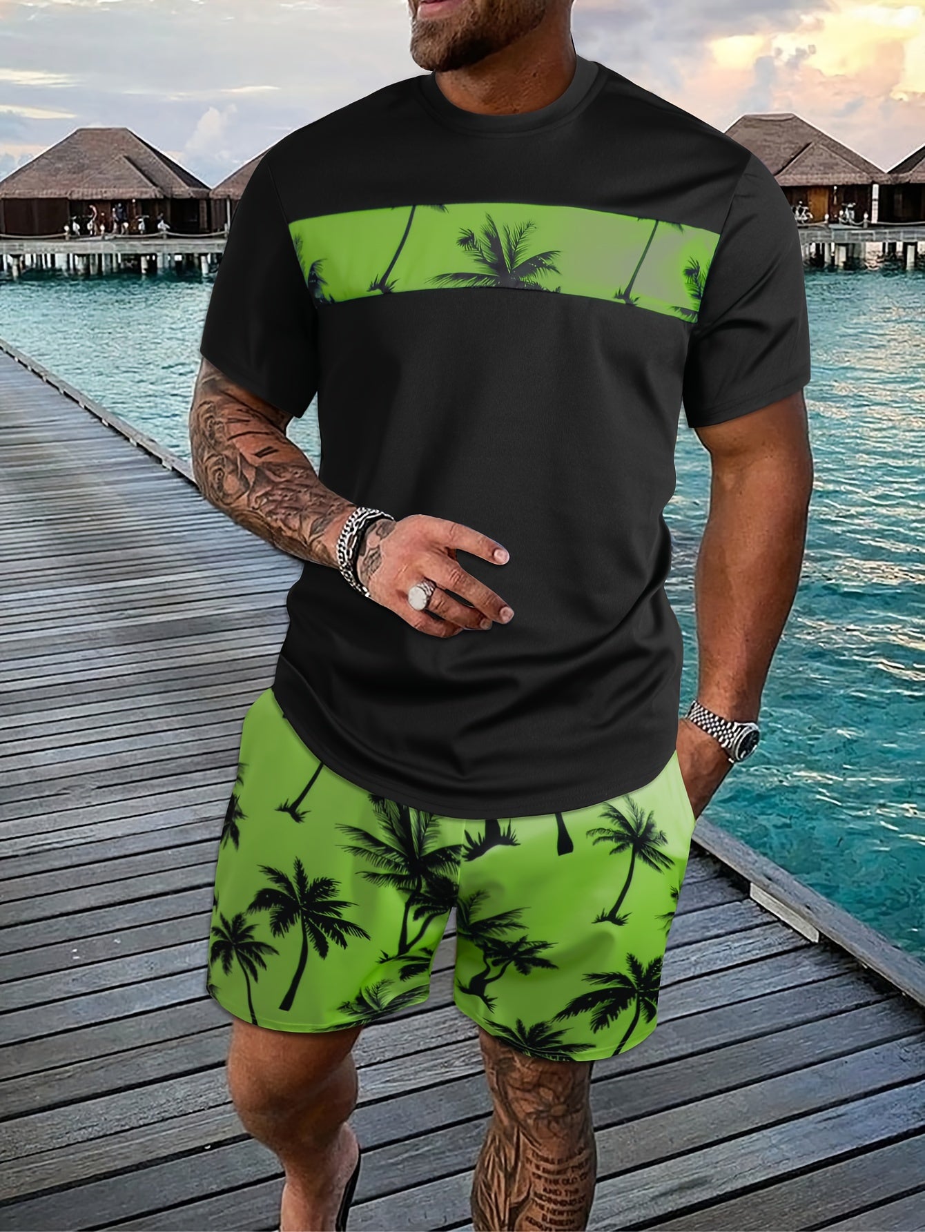 2Pcs Men's Tropical Coconut Tree Print Casual Outfits - Crew Neck Short Sleeve T-shirt & Drawstring Shorts Set - For Summer Vacation & Resorts - Men's Clothing - Lena & Miles Exquisite Boutique LLC.