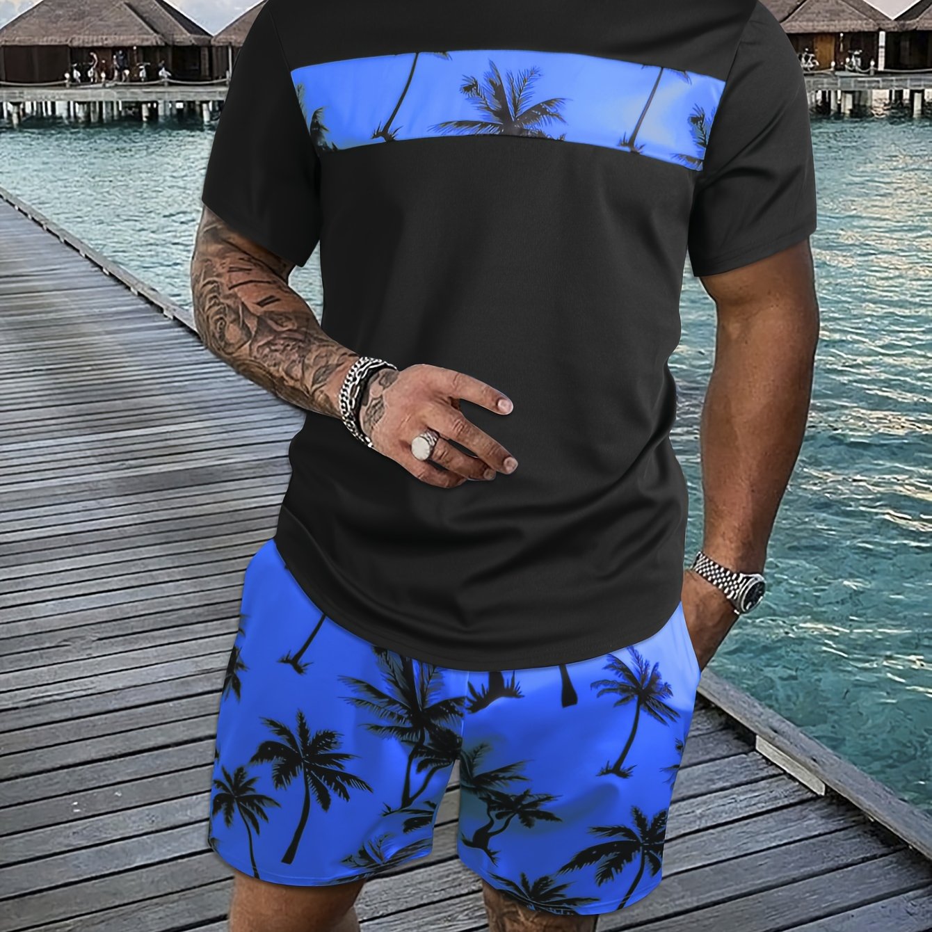 2Pcs Men's Tropical Coconut Tree Print Casual Outfits - Crew Neck Short Sleeve T-shirt & Drawstring Shorts Set - For Summer Vacation & Resorts - Men's Clothing - Lena & Miles Exquisite Boutique LLC.