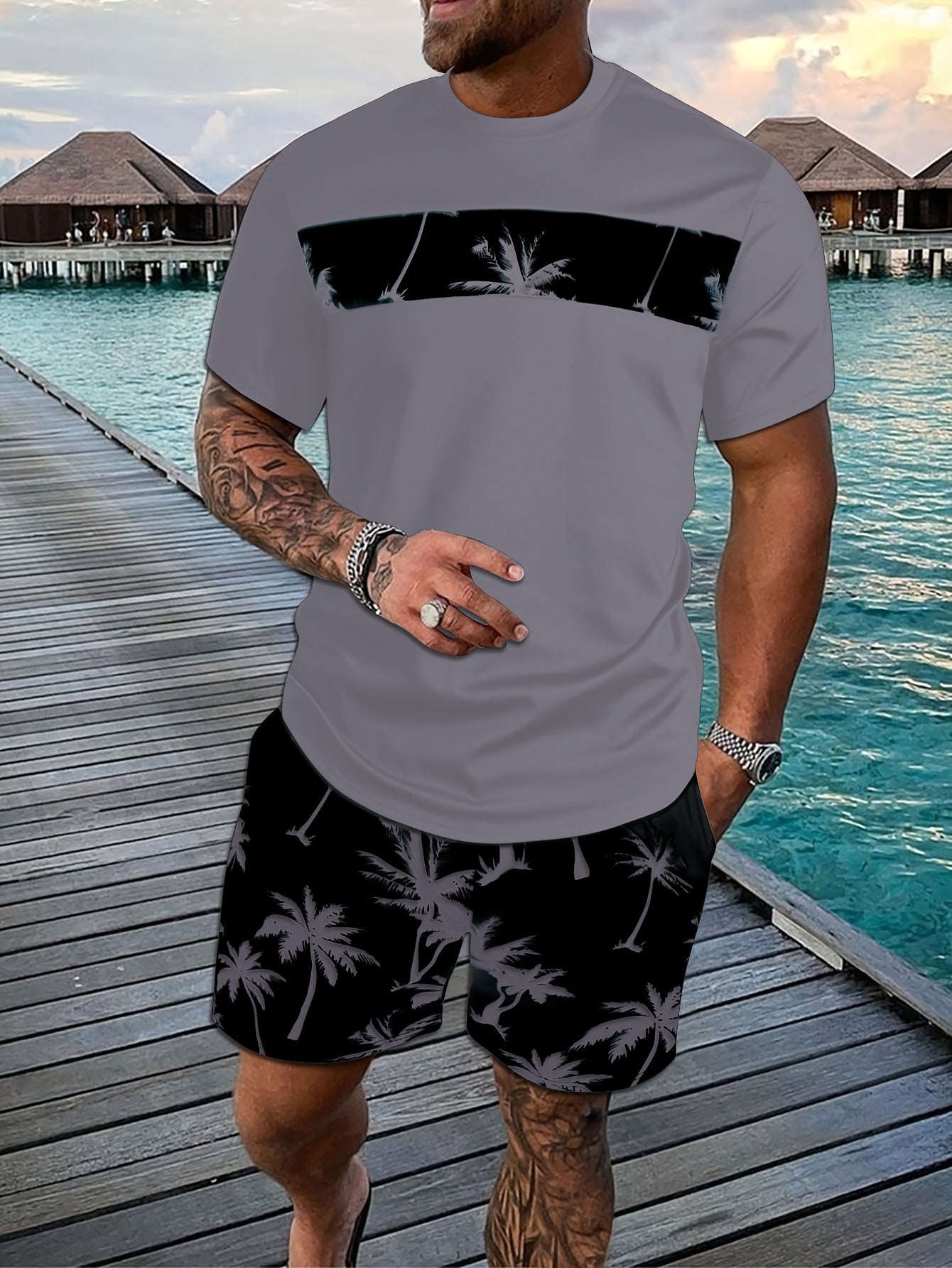 2Pcs Men's Tropical Coconut Tree Print Casual Outfits - Crew Neck Short Sleeve T-shirt & Drawstring Shorts Set - For Summer Vacation & Resorts - Men's Clothing - Lena & Miles Exquisite Boutique LLC.