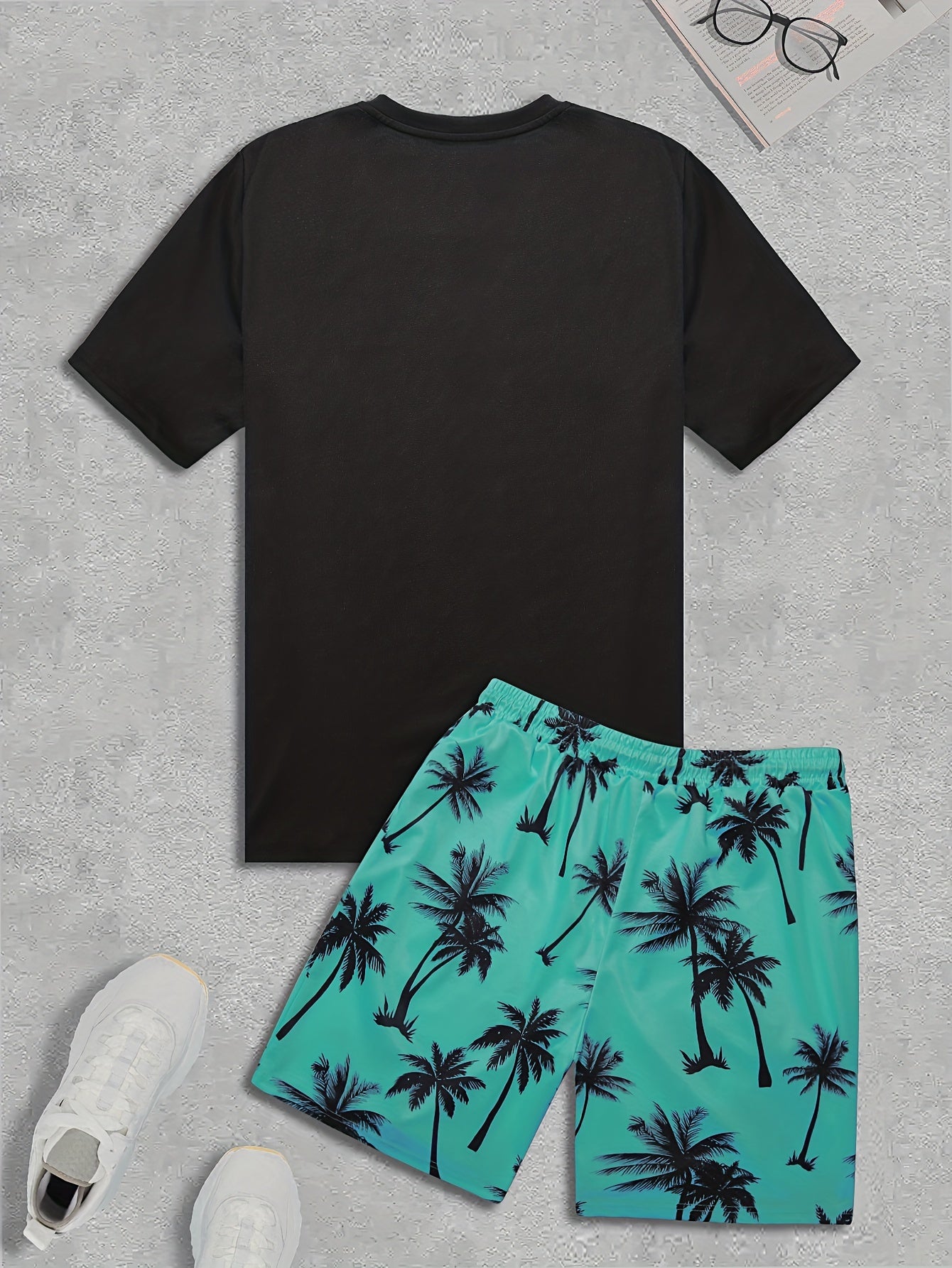 2Pcs Men's Tropical Coconut Tree Print Casual Outfits - Crew Neck Short Sleeve T-shirt & Drawstring Shorts Set - For Summer Vacation & Resorts - Men's Clothing - Lena & Miles Exquisite Boutique LLC.
