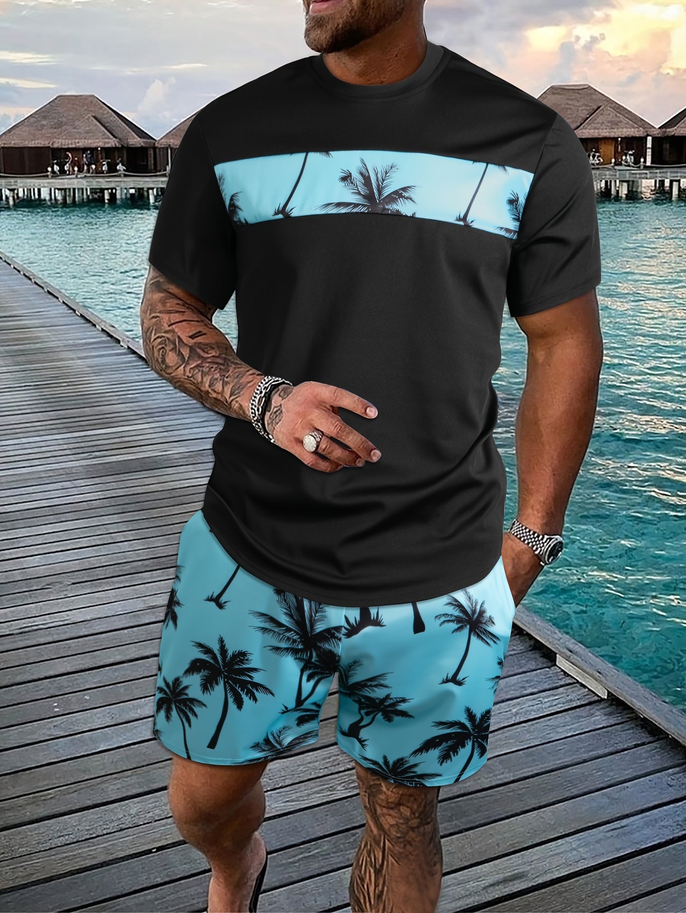 2Pcs Men's Tropical Coconut Tree Print Casual Outfits - Crew Neck Short Sleeve T-shirt & Drawstring Shorts Set - For Summer Vacation & Resorts - Men's Clothing - Lena & Miles Exquisite Boutique LLC.