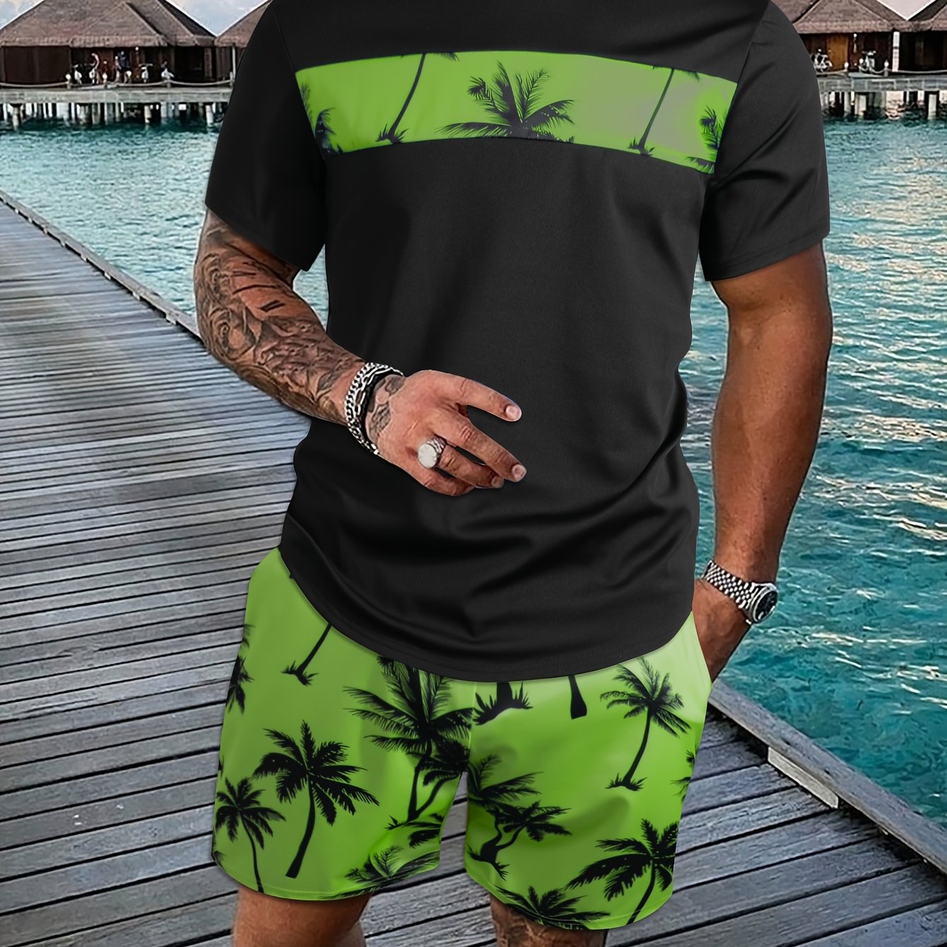 2Pcs Men's Tropical Coconut Tree Print Casual Outfits - Crew Neck Short Sleeve T-shirt & Drawstring Shorts Set - For Summer Vacation & Resorts - Men's Clothing - Lena & Miles Exquisite Boutique LLC.