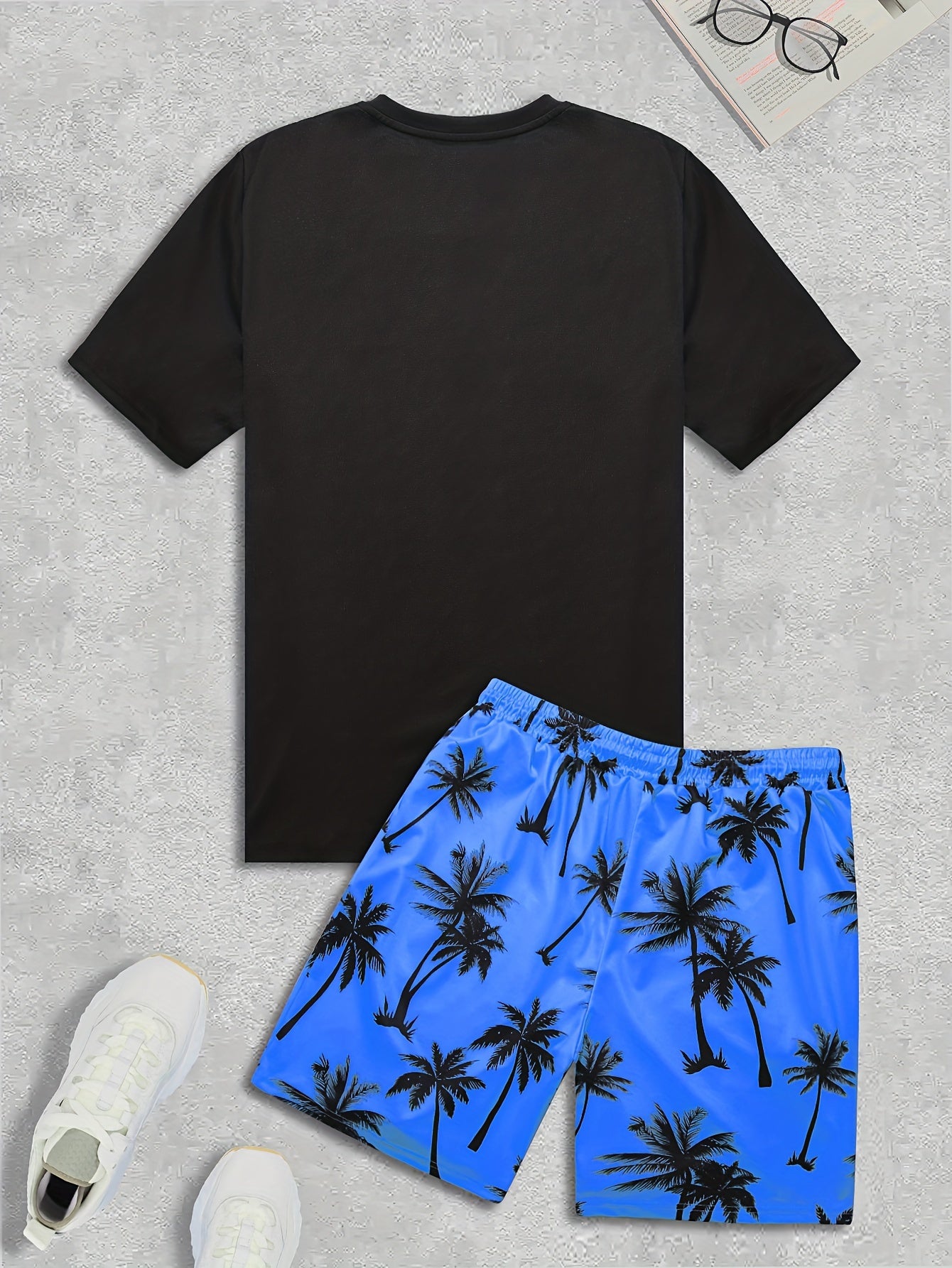 2Pcs Men's Tropical Coconut Tree Print Casual Outfits - Crew Neck Short Sleeve T-shirt & Drawstring Shorts Set - For Summer Vacation & Resorts - Men's Clothing - Lena & Miles Exquisite Boutique LLC.