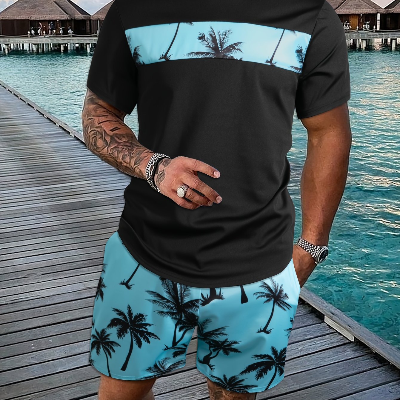 2Pcs Men's Tropical Coconut Tree Print Casual Outfits - Crew Neck Short Sleeve T-shirt & Drawstring Shorts Set - For Summer Vacation & Resorts - Men's Clothing - Lena & Miles Exquisite Boutique LLC.